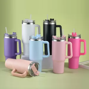 40oz Wide mouth vacuum stainless steel water bottle Travel Coffee Mug Ice bully thermos with handle and straw